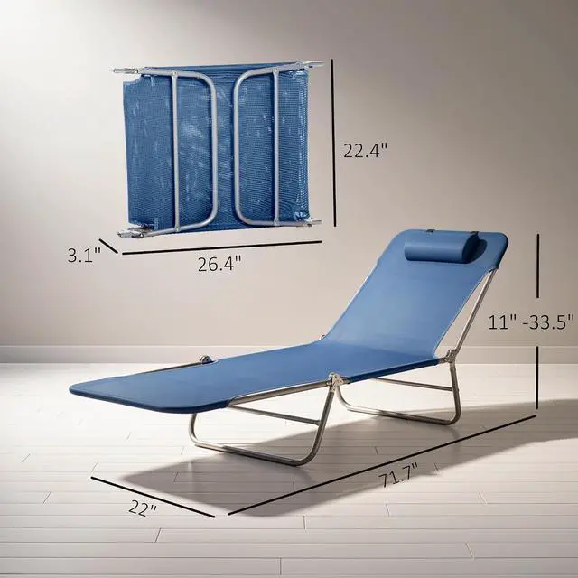 Alt view image 3 of 7 - Folding Chaise Lounge Chair, Reclining Back, Dark Blue | Sun Tanning Chair for Outside, Breathable Mesh Seat, Headrest, Pool, Beach, Yard, Patio