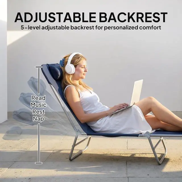 Alt view image 4 of 7 - Folding Chaise Lounge Chair, Reclining Back, Dark Blue | Sun Tanning Chair for Outside, Breathable Mesh Seat, Headrest, Pool, Beach, Yard, Patio