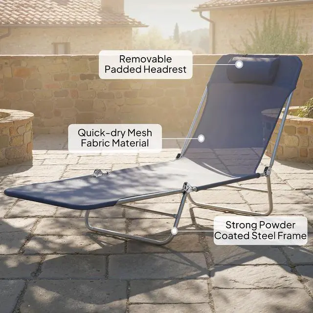 Alt view image 5 of 7 - Folding Chaise Lounge Chair, Reclining Back, Dark Blue | Sun Tanning Chair for Outside, Breathable Mesh Seat, Headrest, Pool, Beach, Yard, Patio