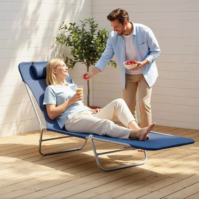 Alt view image 7 of 7 - Folding Chaise Lounge Chair, Reclining Back, Dark Blue | Sun Tanning Chair for Outside, Breathable Mesh Seat, Headrest, Pool, Beach, Yard, Patio