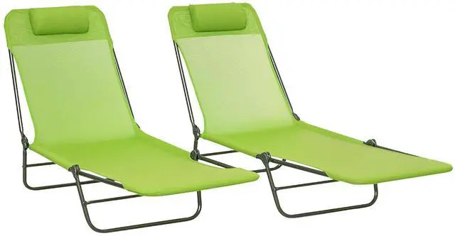 Main image of 2 Piece Folding Chaise Lounge Chairs, Reclining Back, Green | Sun Tanning Chairs for Outside, Breathable Mesh Seat, Headrest, Pool, Beach, Yard, Patio