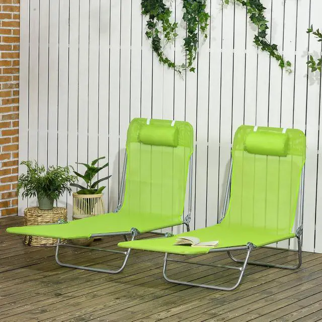 Alt view image 2 of 7 - 2 Piece Folding Chaise Lounge Chairs, Reclining Back, Green | Sun Tanning Chairs for Outside, Breathable Mesh Seat, Headrest, Pool, Beach, Yard, Patio
