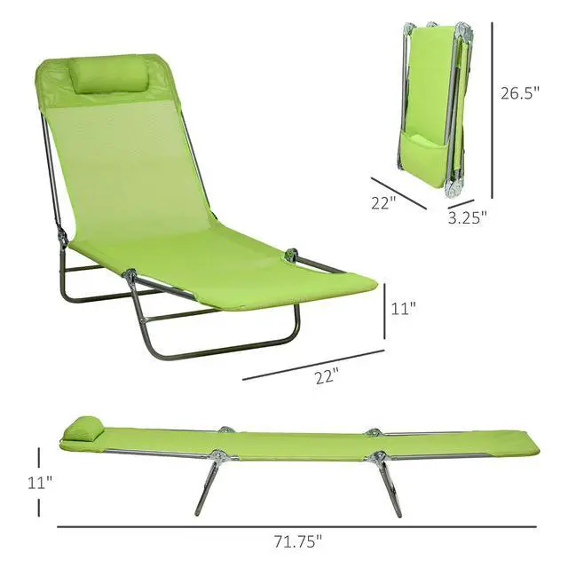 Alt view image 3 of 7 - 2 Piece Folding Chaise Lounge Chairs, Reclining Back, Green | Sun Tanning Chairs for Outside, Breathable Mesh Seat, Headrest, Pool, Beach, Yard, Patio