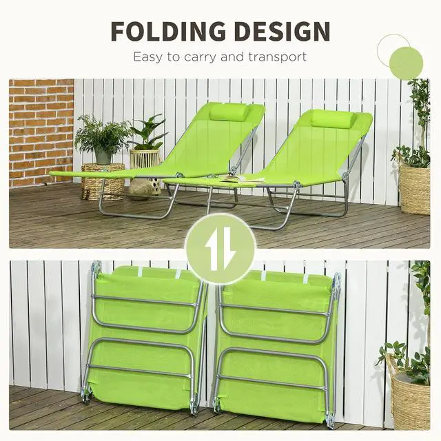 Alt view image 5 of 7 - 2 Piece Folding Chaise Lounge Chairs, Reclining Back, Green | Sun Tanning Chairs for Outside, Breathable Mesh Seat, Headrest, Pool, Beach, Yard, Patio