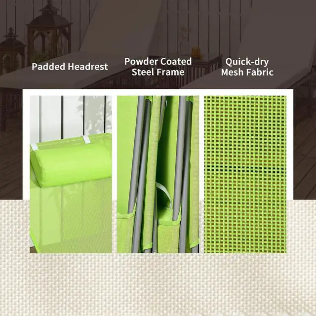 Alt view image 6 of 7 - 2 Piece Folding Chaise Lounge Chairs, Reclining Back, Green | Sun Tanning Chairs for Outside, Breathable Mesh Seat, Headrest, Pool, Beach, Yard, Patio