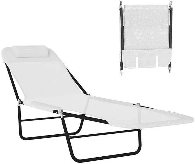 Main image of Folding Chaise Lounge Chair, Reclining Back, Cream White | Sun Tanning Chair for Outside, Breathable Mesh Seat, Headrest, Pool, Beach, Yard, Patio