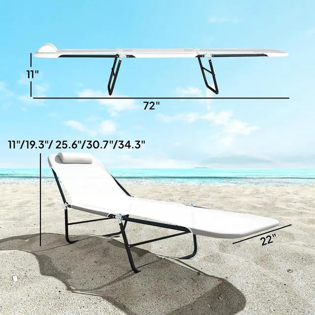 Alt view image 3 of 7 - Folding Chaise Lounge Chair, Reclining Back, Cream White | Sun Tanning Chair for Outside, Breathable Mesh Seat, Headrest, Pool, Beach, Yard, Patio