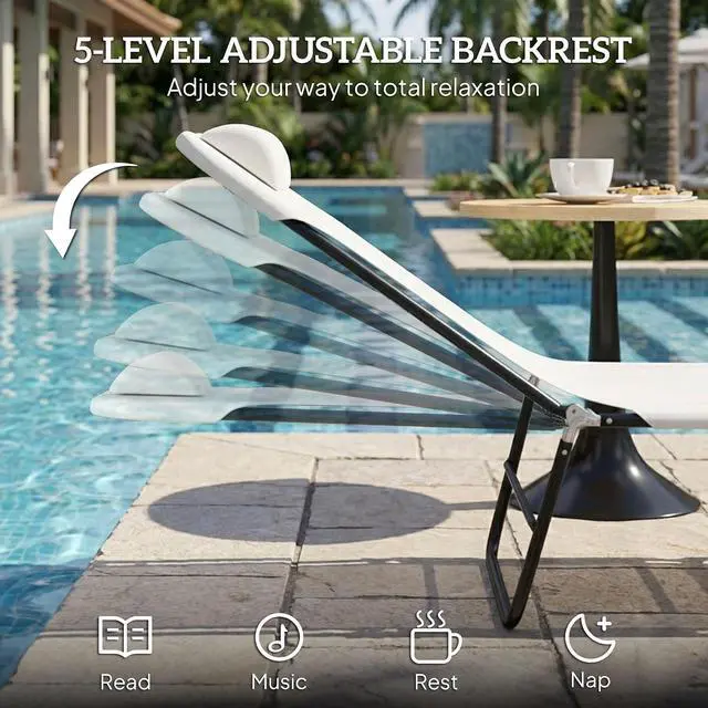 Alt view image 4 of 7 - Folding Chaise Lounge Chair, Reclining Back, Cream White | Sun Tanning Chair for Outside, Breathable Mesh Seat, Headrest, Pool, Beach, Yard, Patio