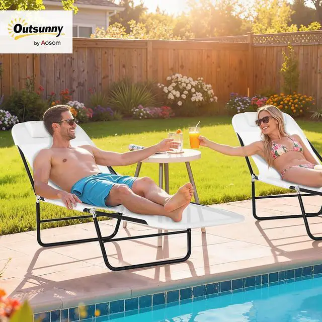 Alt view image 2 of 7 - Folding Chaise Lounge Chair, Reclining Back, Cream White | Sun Tanning Chair for Outside, Breathable Mesh Seat, Headrest, Pool, Beach, Yard, Patio