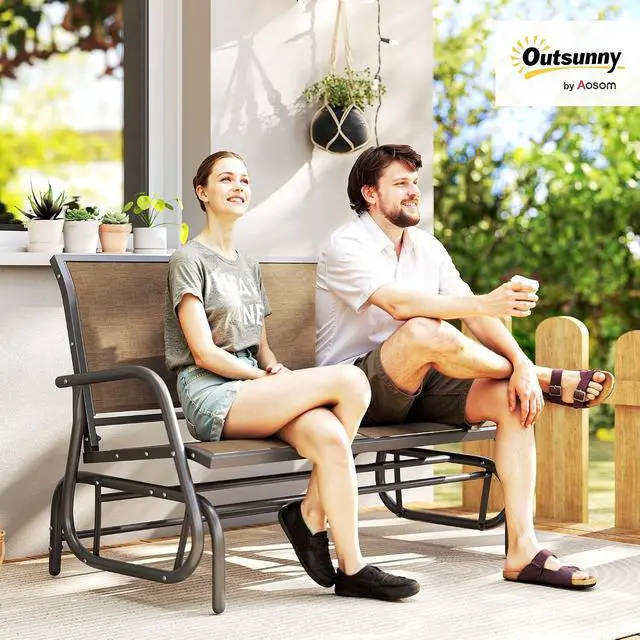 Alt view image 2 of 7 - 2-Person Outdoor Glider Bench with Steel Frame, Light Mixed Brown | Double Swing Rocking Chair, Loveseat, for Outside Patio, Backyard, Garden, Porch, Powder Coated