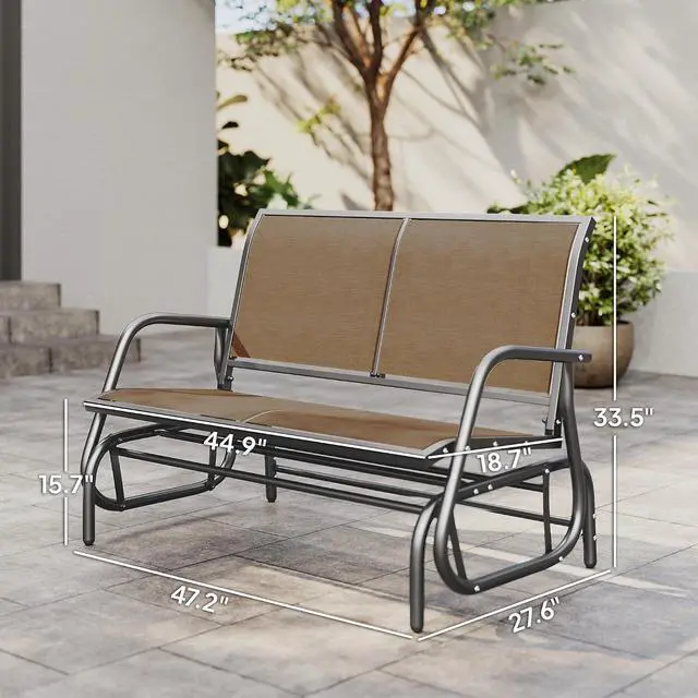 Alt view image 3 of 7 - 2-Person Outdoor Glider Bench with Steel Frame, Light Mixed Brown | Double Swing Rocking Chair, Loveseat, for Outside Patio, Backyard, Garden, Porch, Powder Coated