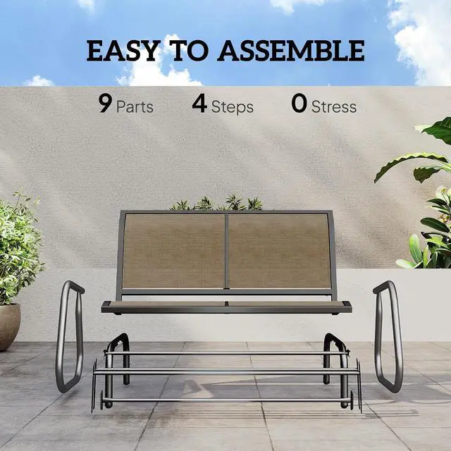 Alt view image 5 of 7 - 2-Person Outdoor Glider Bench with Steel Frame, Light Mixed Brown | Double Swing Rocking Chair, Loveseat, for Outside Patio, Backyard, Garden, Porch, Powder Coated