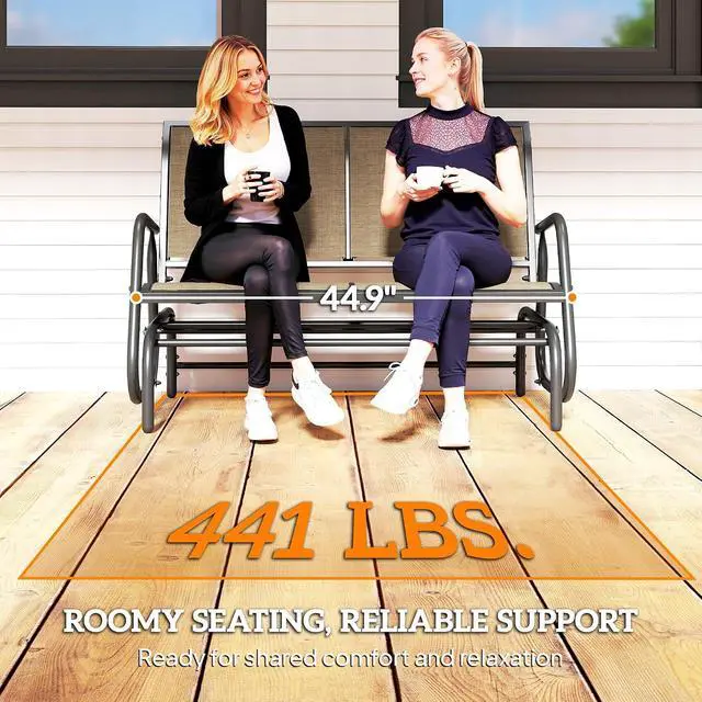 Alt view image 7 of 7 - 2-Person Outdoor Glider Bench with Steel Frame, Light Mixed Brown | Double Swing Rocking Chair, Loveseat, for Outside Patio, Backyard, Garden, Porch, Powder Coated