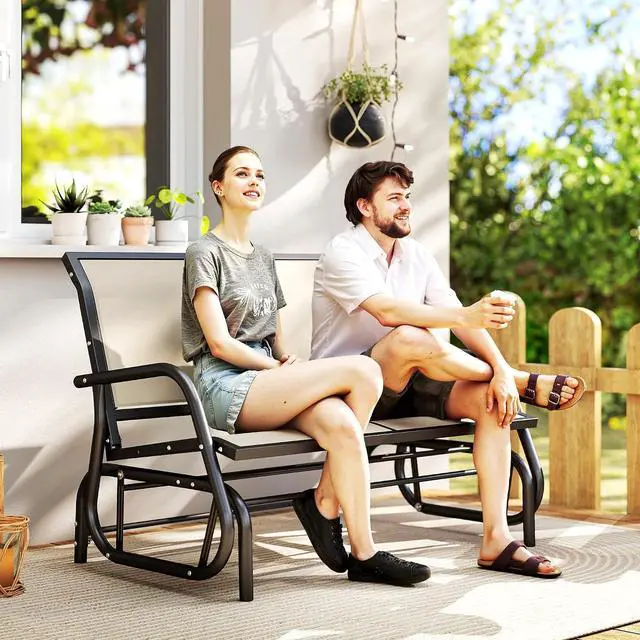 Alt view image 2 of 7 - 2-Person Outdoor Glider Bench with Steel Frame, Beige | Double Swing Rocking Chair, Loveseat, for Outside Patio, Backyard, Garden, Porch, Powder Coated