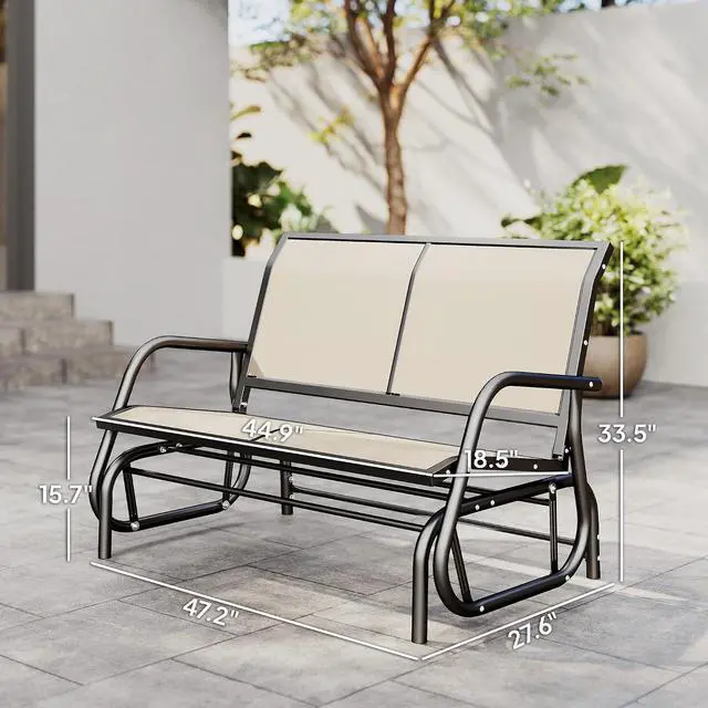 Alt view image 3 of 7 - 2-Person Outdoor Glider Bench with Steel Frame, Beige | Double Swing Rocking Chair, Loveseat, for Outside Patio, Backyard, Garden, Porch, Powder Coated