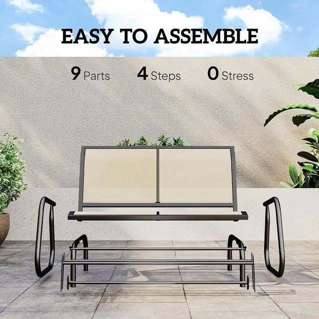 Alt view image 5 of 7 - 2-Person Outdoor Glider Bench with Steel Frame, Beige | Double Swing Rocking Chair, Loveseat, for Outside Patio, Backyard, Garden, Porch, Powder Coated