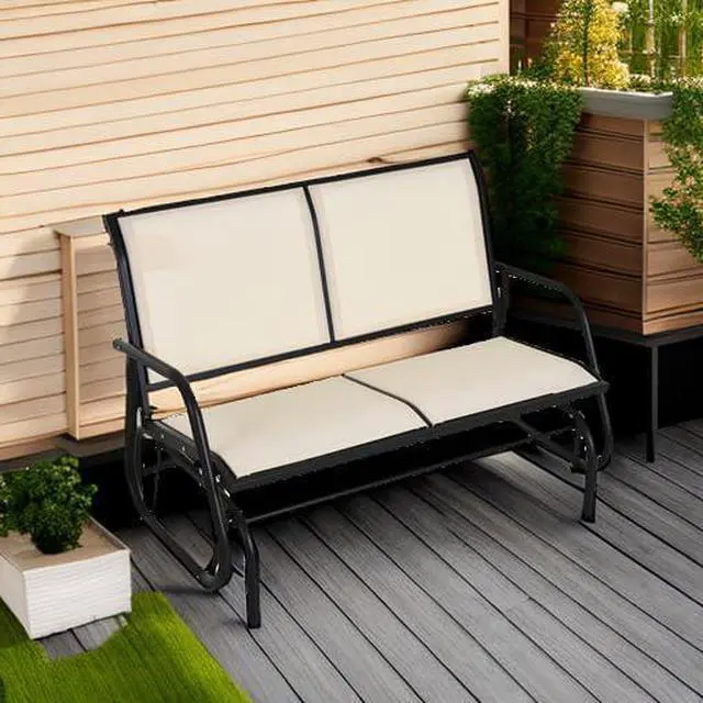 Alt view image 6 of 7 - 2-Person Outdoor Glider Bench with Steel Frame, Beige | Double Swing Rocking Chair, Loveseat, for Outside Patio, Backyard, Garden, Porch, Powder Coated
