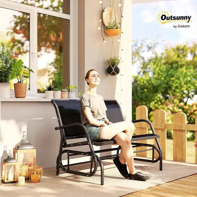 Alt view image 2 of 7 - 2-Person Outdoor Glider Bench with Steel Frame, Black | Double Swing Rocking Chair, Loveseat, for Outside Patio, Backyard, Garden, Porch, Powder Coated