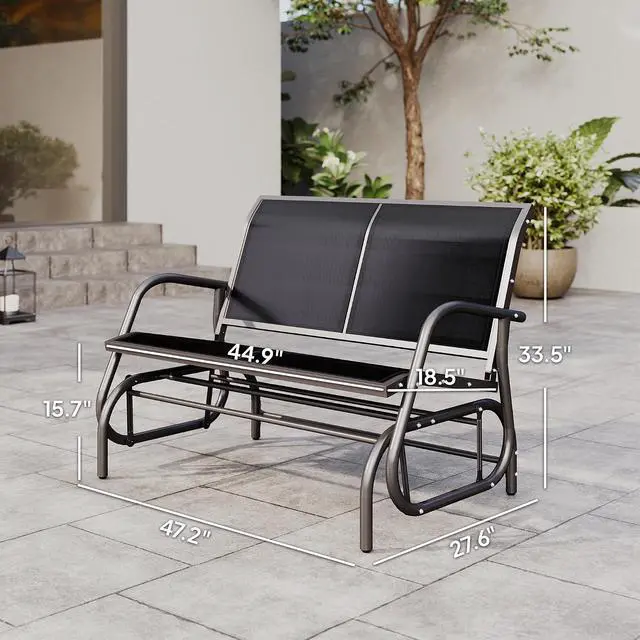 Alt view image 3 of 7 - 2-Person Outdoor Glider Bench with Steel Frame, Black | Double Swing Rocking Chair, Loveseat, for Outside Patio, Backyard, Garden, Porch, Powder Coated