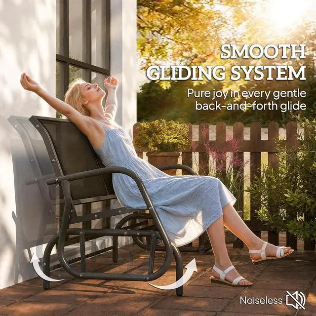 Alt view image 4 of 7 - 2-Person Outdoor Glider Bench with Steel Frame, Black | Double Swing Rocking Chair, Loveseat, for Outside Patio, Backyard, Garden, Porch, Powder Coated