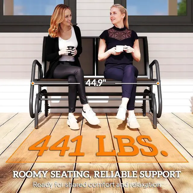 Alt view image 7 of 7 - 2-Person Outdoor Glider Bench with Steel Frame, Black | Double Swing Rocking Chair, Loveseat, for Outside Patio, Backyard, Garden, Porch, Powder Coated