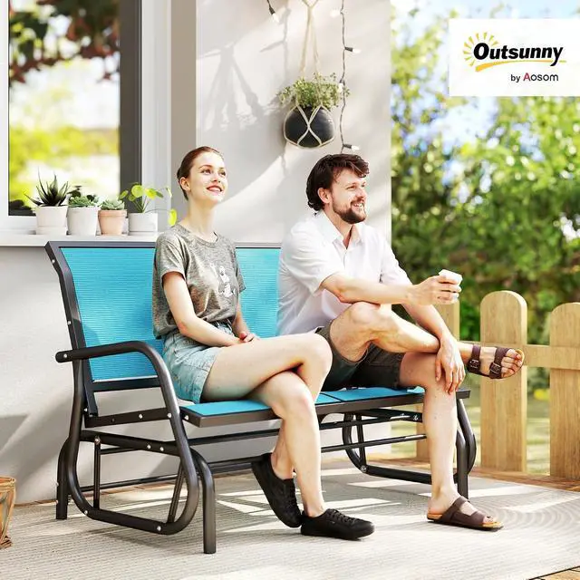 Alt view image 2 of 7 - 2-Person Outdoor Glider Bench with Steel Frame, Blue | Double Swing Rocking Chair, Loveseat, for Outside Patio, Backyard, Garden, Porch, Powder Coated