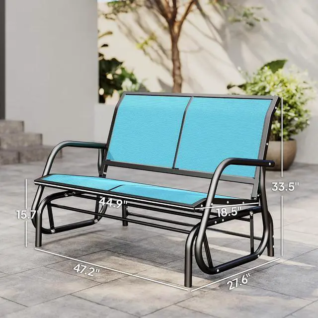 Alt view image 3 of 7 - 2-Person Outdoor Glider Bench with Steel Frame, Blue | Double Swing Rocking Chair, Loveseat, for Outside Patio, Backyard, Garden, Porch, Powder Coated
