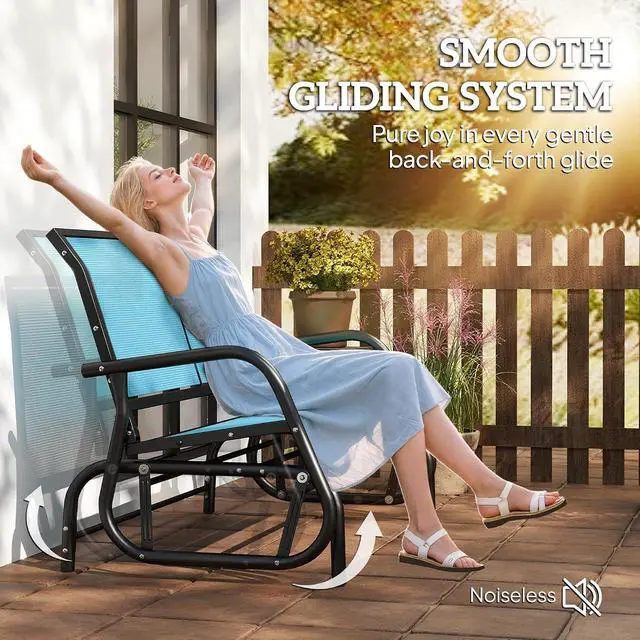Alt view image 4 of 7 - 2-Person Outdoor Glider Bench with Steel Frame, Blue | Double Swing Rocking Chair, Loveseat, for Outside Patio, Backyard, Garden, Porch, Powder Coated