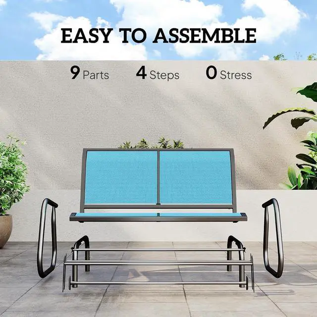 Alt view image 5 of 7 - 2-Person Outdoor Glider Bench with Steel Frame, Blue | Double Swing Rocking Chair, Loveseat, for Outside Patio, Backyard, Garden, Porch, Powder Coated