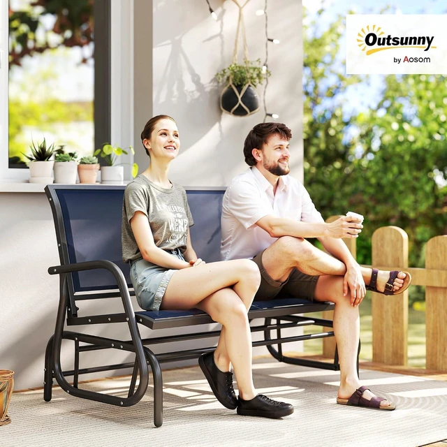 Alt view image 2 of 7 - 2-Person Outdoor Glider Bench with Steel Frame, Dark Blue | Double Swing Rocking Chair, Loveseat, for Outside Patio, Backyard, Garden, Porch, Powder Coated