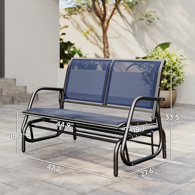 Alt view image 3 of 7 - 2-Person Outdoor Glider Bench with Steel Frame, Dark Blue | Double Swing Rocking Chair, Loveseat, for Outside Patio, Backyard, Garden, Porch, Powder Coated