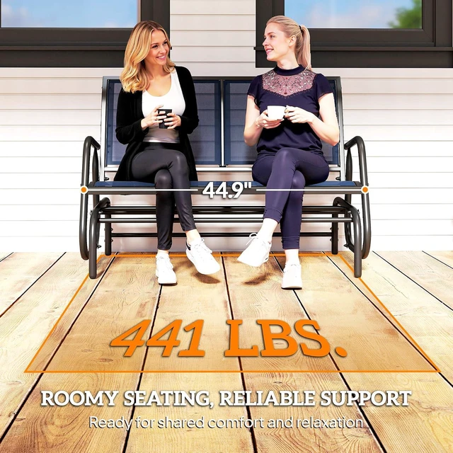 Alt view image 7 of 7 - 2-Person Outdoor Glider Bench with Steel Frame, Dark Blue | Double Swing Rocking Chair, Loveseat, for Outside Patio, Backyard, Garden, Porch, Powder Coated