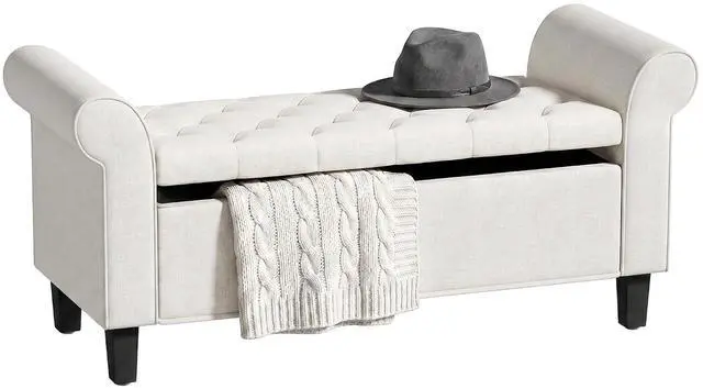 Main image of 47" Storage Ottoman End of Bed Bench with Rolled Arms Cream White | Long Ottoman with Storage Chest, Safety Hinge, Wooden Legs, Upholstered End of Bed Bench, Bedroom Entryway Living Room