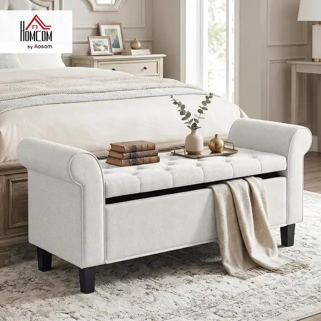 Alt view image 2 of 7 - 47" Storage Ottoman End of Bed Bench with Rolled Arms Cream White | Long Ottoman with Storage Chest, Safety Hinge, Wooden Legs, Upholstered End of Bed Bench, Bedroom Entryway Living Room