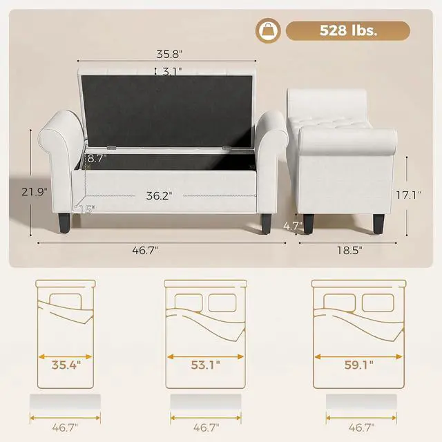 Alt view image 3 of 7 - 47" Storage Ottoman End of Bed Bench with Rolled Arms Cream White | Long Ottoman with Storage Chest, Safety Hinge, Wooden Legs, Upholstered End of Bed Bench, Bedroom Entryway Living Room