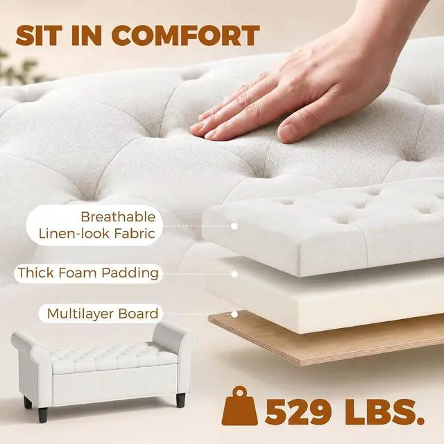 Alt view image 7 of 7 - 47" Storage Ottoman End of Bed Bench with Rolled Arms Cream White | Long Ottoman with Storage Chest, Safety Hinge, Wooden Legs, Upholstered End of Bed Bench, Bedroom Entryway Living Room