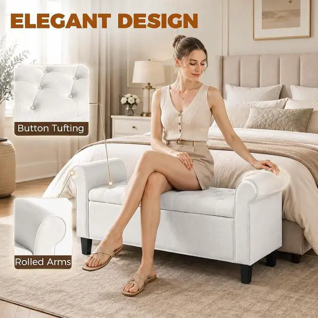 Alt view image 6 of 7 - 47" Storage Ottoman End of Bed Bench with Rolled Arms Cream White | Long Ottoman with Storage Chest, Safety Hinge, Wooden Legs, Upholstered End of Bed Bench, Bedroom Entryway Living Room