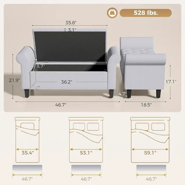 Alt view image 3 of 7 - 47" Ottoman wih Storage End of Bed Bench with Rolled Arms Light Gray | Storage Chest, Safety Hinge, Wooden Legs, Upholstered End of Bed Bench, 528 lbs, Bedroom Entryway Living Room