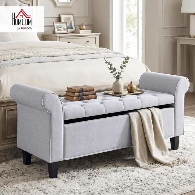 Alt view image 2 of 7 - 47" Ottoman wih Storage End of Bed Bench with Rolled Arms Light Gray | Storage Chest, Safety Hinge, Wooden Legs, Upholstered End of Bed Bench, 528 lbs, Bedroom Entryway Living Room