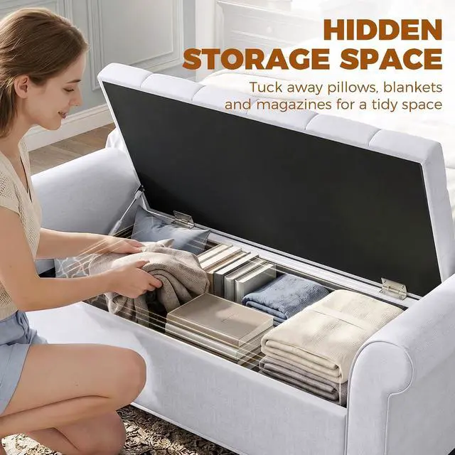 Alt view image 4 of 7 - 47" Ottoman wih Storage End of Bed Bench with Rolled Arms Light Gray | Storage Chest, Safety Hinge, Wooden Legs, Upholstered End of Bed Bench, 528 lbs, Bedroom Entryway Living Room