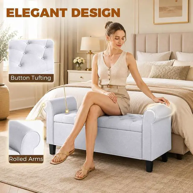 Alt view image 6 of 7 - 47" Ottoman wih Storage End of Bed Bench with Rolled Arms Light Gray | Storage Chest, Safety Hinge, Wooden Legs, Upholstered End of Bed Bench, 528 lbs, Bedroom Entryway Living Room