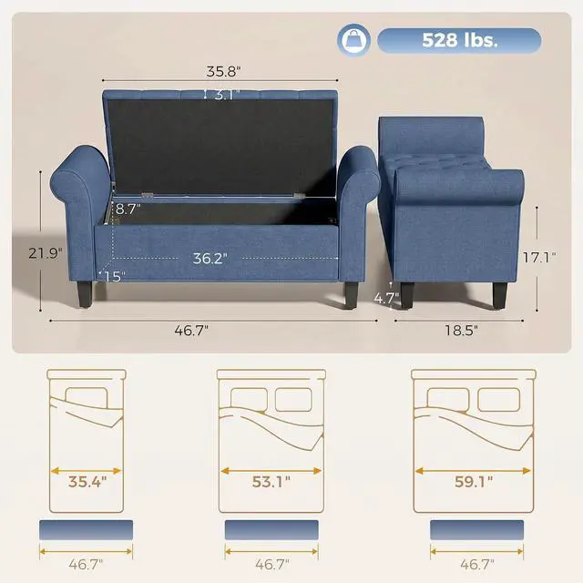 Alt view image 3 of 7 - 47" Ottoman wih Storage End of Bed Bench with Rolled Arms Blue | Long Ottoman with Storage Chest, Safety Hinge, Wooden Legs, Upholstered End of Bed Bench, Bedroom Entryway Living Room