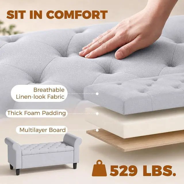 Alt view image 7 of 7 - 47" Ottoman wih Storage End of Bed Bench with Rolled Arms Light Gray | Storage Chest, Safety Hinge, Wooden Legs, Upholstered End of Bed Bench, 528 lbs, Bedroom Entryway Living Room