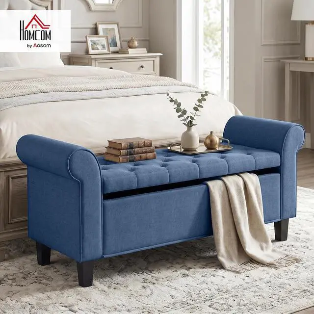 Alt view image 2 of 7 - 47" Ottoman wih Storage End of Bed Bench with Rolled Arms Blue | Long Ottoman with Storage Chest, Safety Hinge, Wooden Legs, Upholstered End of Bed Bench, Bedroom Entryway Living Room