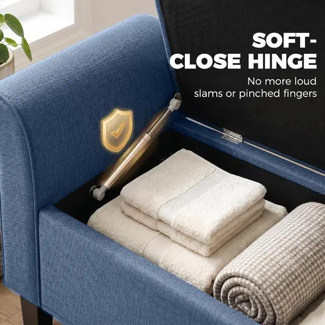 Alt view image 5 of 7 - 47" Ottoman wih Storage End of Bed Bench with Rolled Arms Blue | Long Ottoman with Storage Chest, Safety Hinge, Wooden Legs, Upholstered End of Bed Bench, Bedroom Entryway Living Room