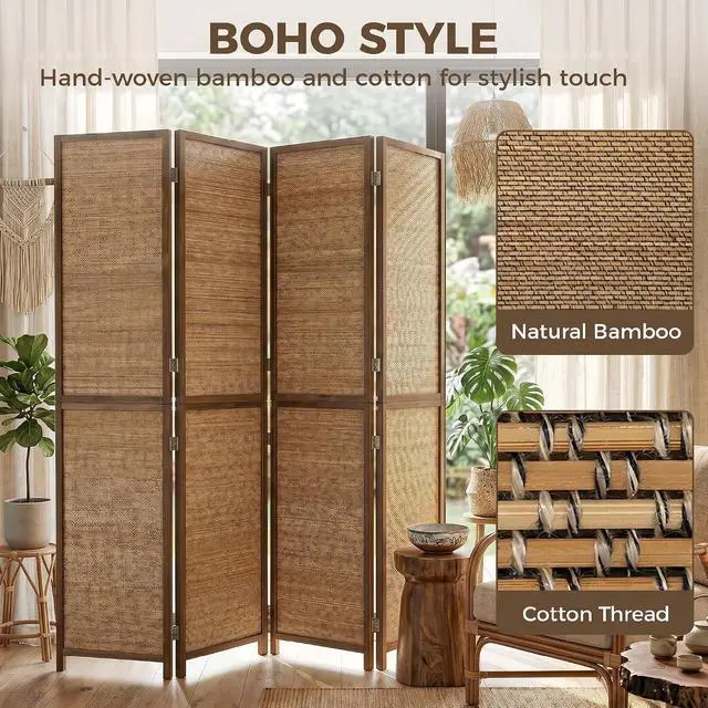 Alt view image 3 of 7 - Room Divider, 6 FT Tall Folding Privacy Screen, 4-Panel Boho Brown | Hand-Woven Bamboo Wall Partition, Portable Freestanding Wall Divider, Room Separation, Bedroom, Home Office