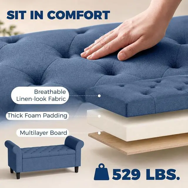Alt view image 7 of 7 - 47" Ottoman wih Storage End of Bed Bench with Rolled Arms Blue | Long Ottoman with Storage Chest, Safety Hinge, Wooden Legs, Upholstered End of Bed Bench, Bedroom Entryway Living Room