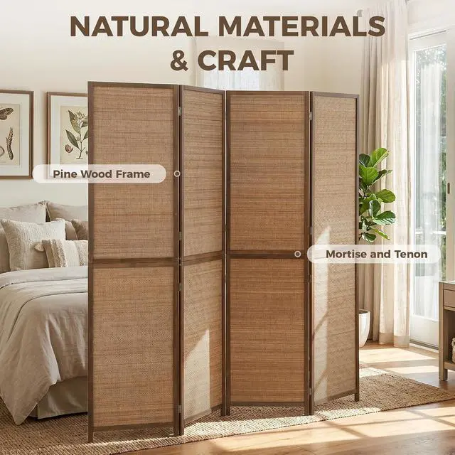 Alt view image 4 of 7 - Room Divider, 6 FT Tall Folding Privacy Screen, 4-Panel Boho Brown | Hand-Woven Bamboo Wall Partition, Portable Freestanding Wall Divider, Room Separation, Bedroom, Home Office