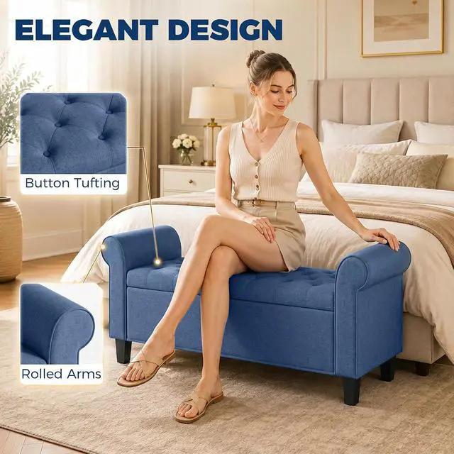 Alt view image 6 of 7 - 47" Ottoman wih Storage End of Bed Bench with Rolled Arms Blue | Long Ottoman with Storage Chest, Safety Hinge, Wooden Legs, Upholstered End of Bed Bench, Bedroom Entryway Living Room
