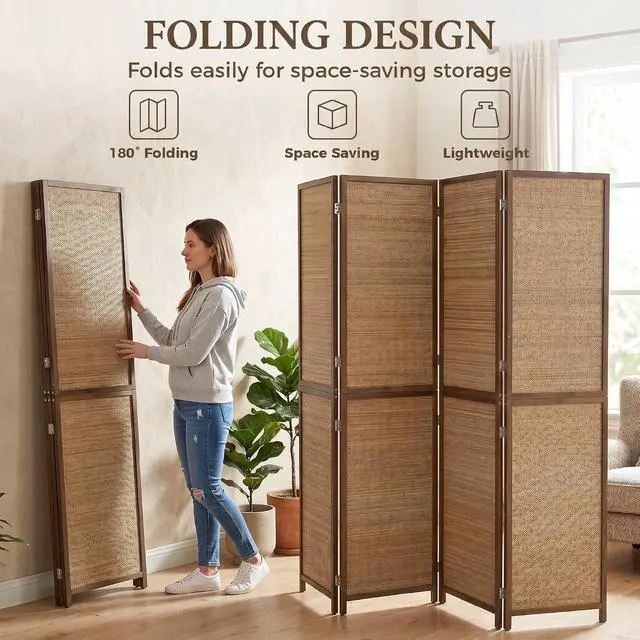 Alt view image 5 of 7 - Room Divider, 6 FT Tall Folding Privacy Screen, 4-Panel Boho Brown | Hand-Woven Bamboo Wall Partition, Portable Freestanding Wall Divider, Room Separation, Bedroom, Home Office